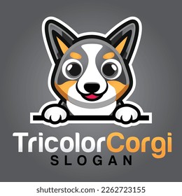 Cute Kawaii Puppy Pembroke Welsh Tricolor Corgi Dog Mascot Cartoon Logo Design Icon Illustration Character Hand Drawn. Suitable for every category of business, company, brand like pet shop