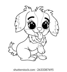 Cute kawaii puppy raise paw. Black and white linear drawing. Isolated on white background. For children's design coloring books, prints, stickers, etc. Vector illustration