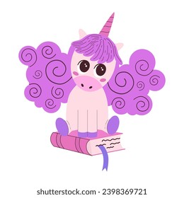 Cute kawaii purple unicorn character in flat style sitting on a magic book, isolated on white background. fairy tale forest magical animal with magic horn in purple pink palette.