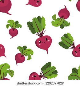 cute kawaii purple vegetable beet, beetroot with smiling face, eyes and green leaves seamless vectot pattern on white background
