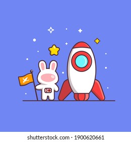 Cute Kawaii Rabbit Astronaut Holding Flag With Rocket Drawing