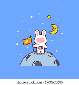 Cute Kawaii Rabbit Astronaut Holding Flag On Planet Drawing