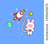 Cute Kawaii Rabbit Astronaut with Rocket and Earth Drawing