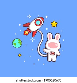 Cute Kawaii Rabbit Astronaut With Rocket And Earth Drawing