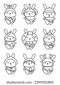 Cute kawaii rabbit with bag. Coloring Page. Cartoon animals character. Funny bunny. Hand drawn style. Vector drawing. Collection of design elements.