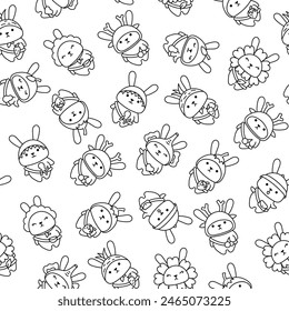 Cute kawaii rabbit with bag. Seamless pattern. Coloring Page. Cartoon animals character. Funny bunny. Hand drawn style. Vector drawing. Design ornaments.