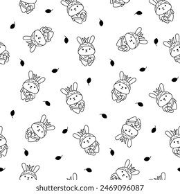 Cute kawaii rabbit with bag. Seamless pattern. Coloring Page. Cartoon animals character. Funny bunny. Hand drawn style. Vector drawing. Design ornaments.