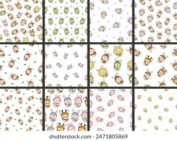 Cute kawaii rabbit with bag. Seamless pattern. Cartoon animals character. Funny bunny. Hand drawn style. Vector drawing. Collection of design ornaments.