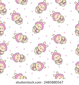 Cute kawaii rabbit with bag. Seamless pattern. Cartoon animals character. Funny bunny. Hand drawn style. Vector drawing. Design ornaments.