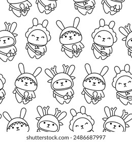 Cute kawaii rabbit with bag. Seamless pattern. Coloring Page. Cartoon animals character. Funny bunny. Hand drawn style. Vector drawing. Design ornaments.