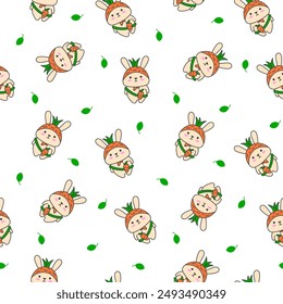 Cute kawaii rabbit with bag. Seamless pattern. Cartoon animals character. Funny bunny. Hand drawn style. Vector drawing. Design ornaments.