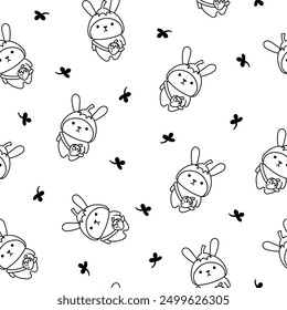 Cute kawaii rabbit with bag. Seamless pattern. Coloring Page. Cartoon animals character. Funny bunny. Hand drawn style. Vector drawing. Design ornaments.