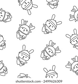 Cute kawaii rabbit with bag. Seamless pattern. Coloring Page. Cartoon animals character. Funny bunny. Hand drawn style. Vector drawing. Design ornaments.