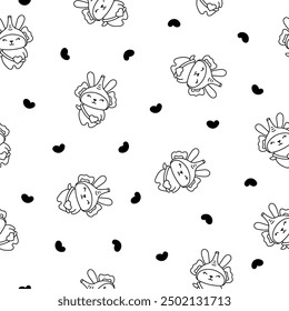 Cute kawaii rabbit with bag. Seamless pattern. Coloring Page. Cartoon animals character. Funny bunny. Hand drawn style. Vector drawing. Design ornaments.