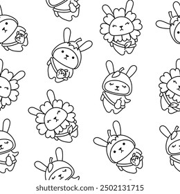 Cute kawaii rabbit with bag. Seamless pattern. Coloring Page. Cartoon animals character. Funny bunny. Hand drawn style. Vector drawing. Design ornaments.