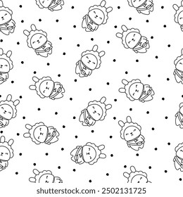 Cute kawaii rabbit with bag. Seamless pattern. Coloring Page. Cartoon animals character. Funny bunny. Hand drawn style. Vector drawing. Design ornaments.