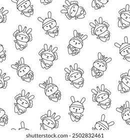 Cute kawaii rabbit with bag. Seamless pattern. Coloring Page. Cartoon animals character. Funny bunny. Hand drawn style. Vector drawing. Design ornaments.