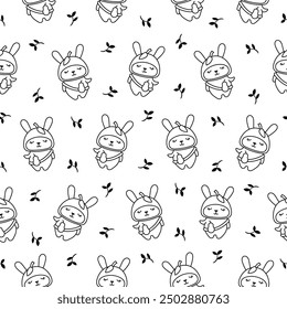 Cute kawaii rabbit with bag. Seamless pattern. Coloring Page. Cartoon animals character. Funny bunny. Hand drawn style. Vector drawing. Design ornaments.