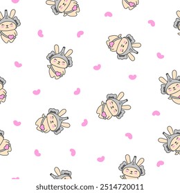 Cute kawaii rabbit with bag. Seamless pattern. Cartoon animals character. Funny bunny. Hand drawn style. Vector drawing. Design ornaments.