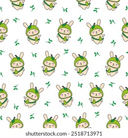 Cute kawaii rabbit with bag. Seamless pattern. Cartoon animals character. Funny bunny. Hand drawn style. Vector drawing. Design ornaments.