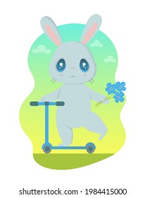 A cute kawaii rabbit with a bouquet of flowers in his paw rides a scooter. Vector spring and summer illustration.