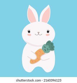 Cute kawaii rabbit bunny. Sweet white rabbit holding carrot. Children animal character. Simple childish hare drawing. Design element for kids goods, textile, etc