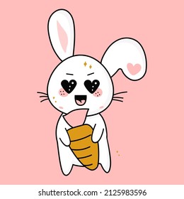 Cute kawaii rabbit with a carrot in his hand, mascot, cute cartoon vector character