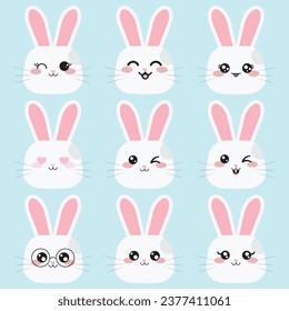 Cute kawaii rabbit cartoon emoji. Set of cute bunny stickers. Hand drawn kawaii face collection.