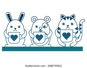 cute kawaii rabbit cat and mouse with coffee cups