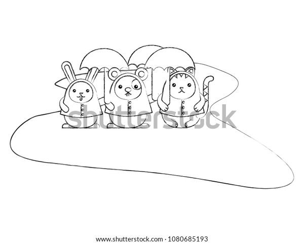 cute kawaii\
rabbit cat and mouse with\
umbrellas