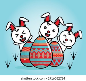cute kawaii rabbit character with easter eggs design