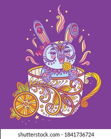 Conejo kawaii en una taza. Ilustración antiestrés para adultos con animales en forma de maraña aislados en púrpura. Ilustración vectorial colorida para impresión, diseño, estampado de camisetas, tatuaje, logotipo. Zendoodle.