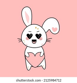 Cute kawaii rabbit with a heart in his hand, mascot, cute cartoon vector character.