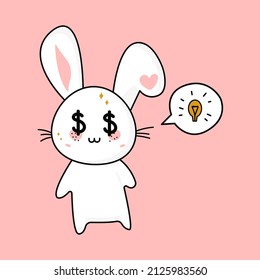 cute kawaii rabbit and a new idea of thoughts lit up, a light bulb, money in his eyes. The concept of the idea of money. Vector illustration of Kawaii.