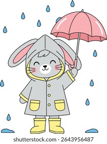 Cute Kawaii Rabbit in Rain with Umbrella and Boots – Flat Vector Illustration