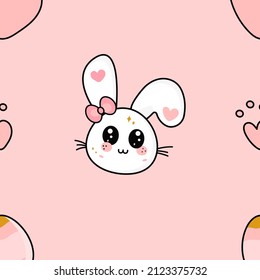 Cute kawaii rabbit seamless pattern, Easter bunny with egg, hearts, vector illustration pattern for print