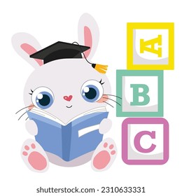 El conejo lindo y kawaii se sienta y lee un libro cerca de los bloques de alfabeto sobre fondo blanco para las obras de arte de moda para niños, libros infantiles, invitaciones, tarjetas de graduación, afiches. Archivo vector.