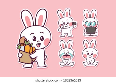 Cute and Kawaii Rabbit (sitting, shopping, working, taking selfie, crying) Illustration Set