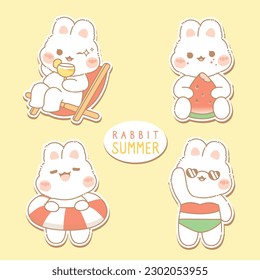 Cute kawaii rabbit at summer time sticker collection