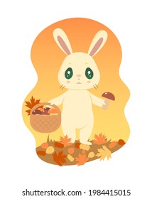 A cute kawaii rabbit walks through the autumn forest and collects mushrooms in a basket. Vector autumn illustration.