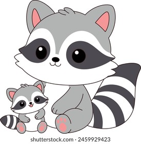 Cute kawaii raccoon and baby cartoon character vector illustration. Wild animal, mothers day clip art