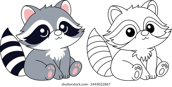 Cute kawaii Raccoon cartoon character coloring page isolated on white background vector illustration