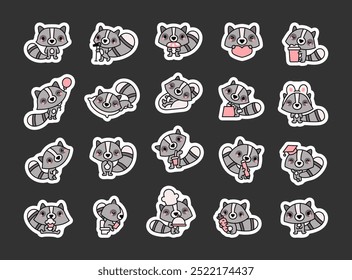Cute kawaii raccoon. Sticker Bookmark. Striped cartoon character. Hand drawn style. Vector drawing. Collection of design elements.