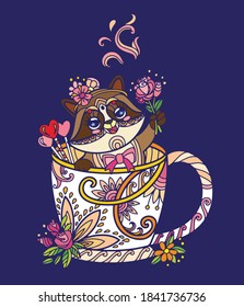 Cute racoon kawaii en una taza. Ilustración antiestrés para adultos con animales en forma de maraña aislados en fondo azul. Ilustración vectorial colorida para impresión, diseño, impresión de camisetas, tatuaje, logotipo.Zendoodle