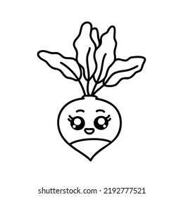 Cute kawaii radish. Farm funny organic vegetable, flat design. Hand drawn linear illustration. Vector on isolated background. For printing on paper and fabric, children's illustration