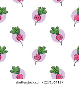 Cute Kawaii Radish seamless pattern in doodle style. Vector hand drawn cartoon Radish illustration. Hand drawn Sketch of Radish. Pattern for kids clothes.