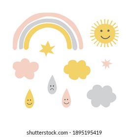 Cute kawaii rain drop cloud sun rainbow star vector icon set isolated on white. Simple abstract weather minimalistic sky flat graphic clip art collection. Nursery celestial design element pack