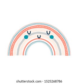 Cute kawaii rainbow illustration. Color bow decorative doodle isolated on white. Childish drawing for gender-neutral nursery design.