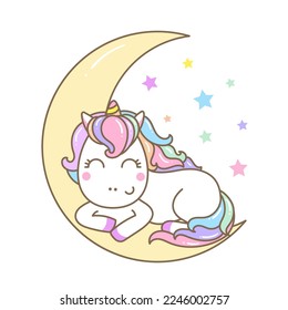 A cute kawaii cute rainbow unicorn is sleeping on the moon. Isolated image on a white background. For children's design of prints, posters, cards, stickers, badges and so on. Vector