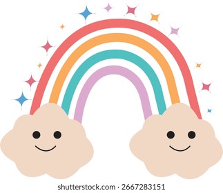  Cute Kawaii Rainbow Vector Illustration with Smiling Clouds and Sparkling Stars for Kids Products, Party Invitations, Nursery Decorations, and Cartoon Graphic Design